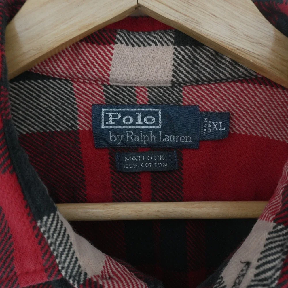 VT Polo Ralph Lauren Matlock Flannel Shirt Men XL Red Black Plaid Cotton Button